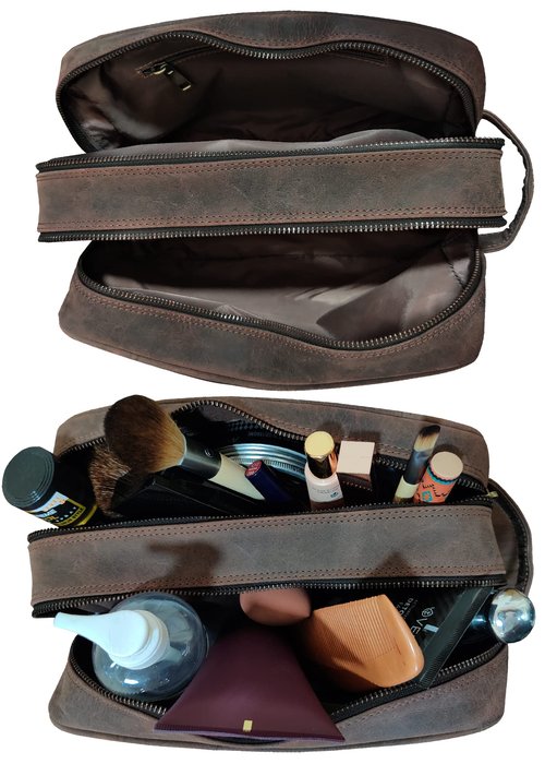 RUSTIC TOWN Full Grain Leather Travel Toiletry Bag - Dopp Kit Organizer (Dark Brown)