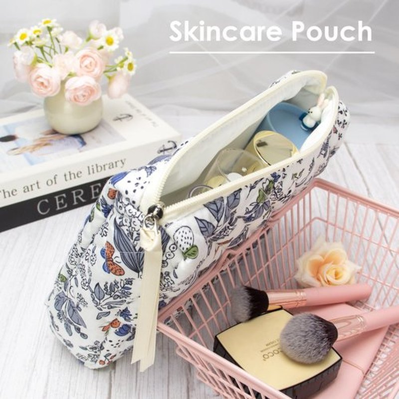 PAZIMIIK Cotton Makeup Bag for Women Large Quilted Travel Cosmetic Pouch Girls' Make Up Organizer,Leaf White