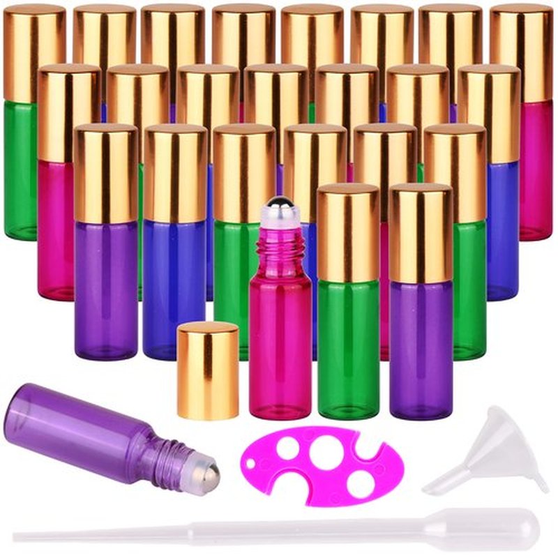 MaxMau 24 Pack Essential Oils Roller Bottles,5ml Roll On Bottles Colouful Glass Bottles Steel Roller Balls Metal Cap for Aromatherapy Perfume