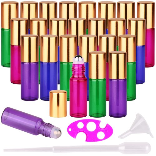 MaxMau 24 Pack Essential Oils Roller Bottles,5ml Roll On Bottles Colouful Glass Bottles Steel Roller Balls Metal Cap for Aromatherapy Perfume
