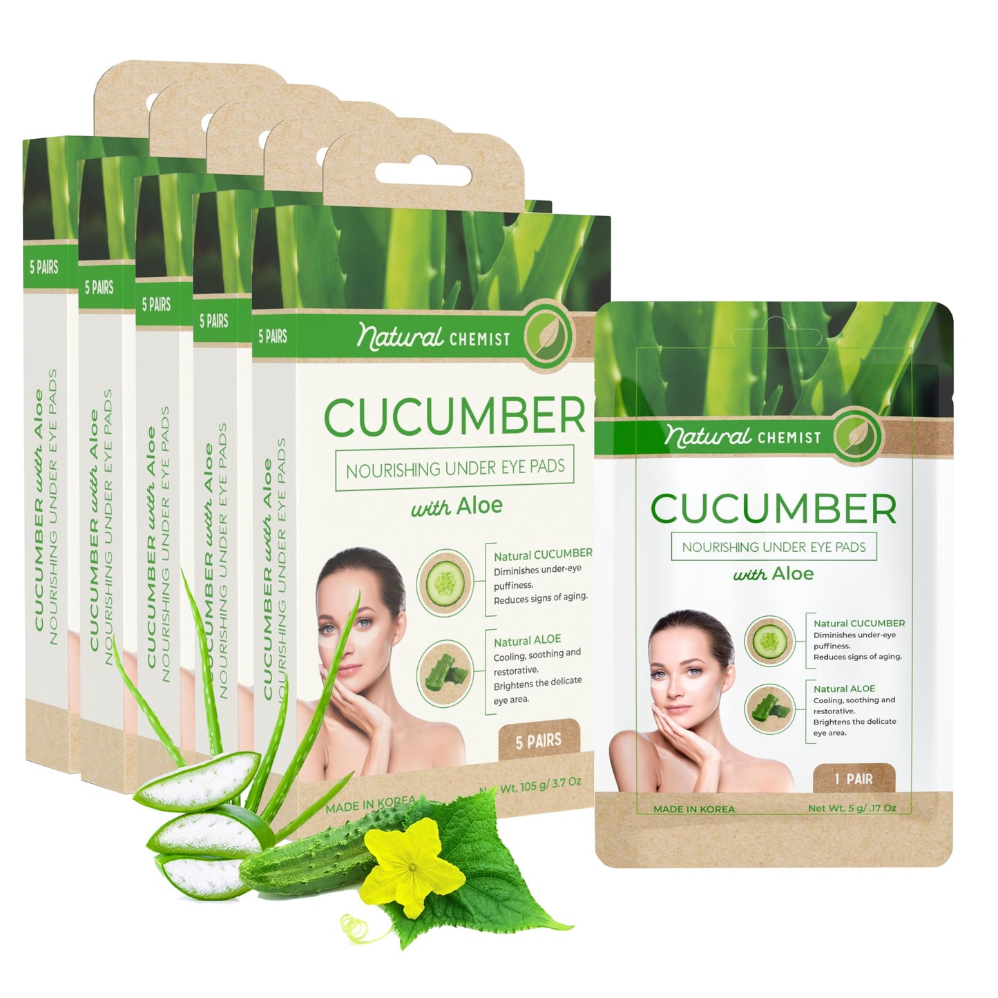 Natural Chemist Cucumber & Aloe Under Eye Patches - Soothing, Anti-Aging, Cooling, Hydrating, Dermatologist Tested, Cruelty Free Korean Skin Care For All Skin Types - 25 Pairs (5 Pack)