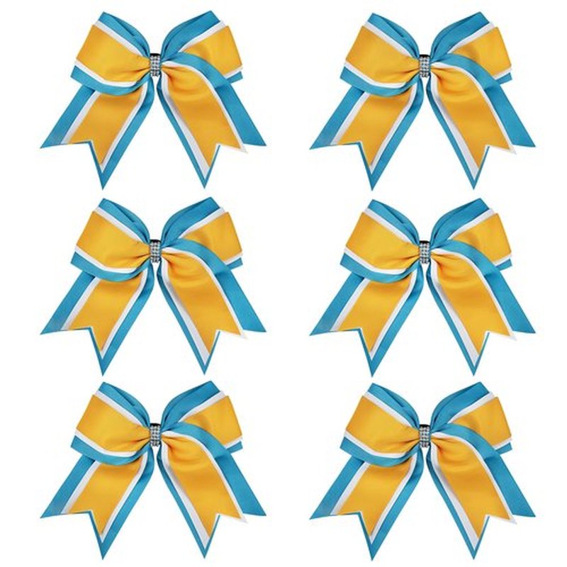 8 Inch 3 Colors 3 Layers 6 Pcs Cheerleader Bows Jumbo Cheerleading Bows Hair Elastic Hair Tie for High School College (Light blue/White/Yellow gold)