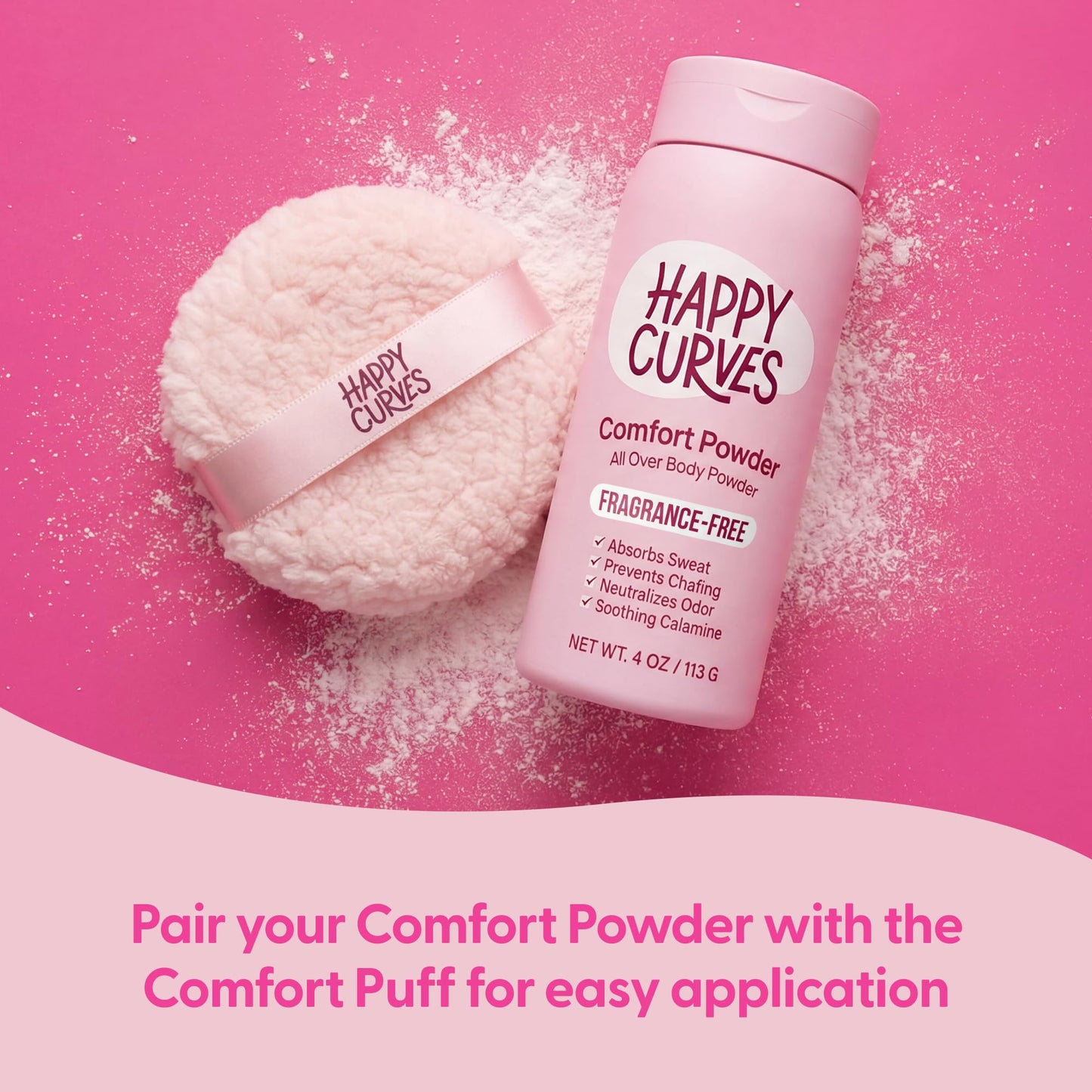 HAPPY CURVES Comfort Powder: Talc Free Anti Chafe Body & Foot Dusting Powder Deodorant to Control Inner Thigh Chafing, Private Areas, and All Over Body for Women (4 Ounce (Pack of 1), Fragrance-Free)