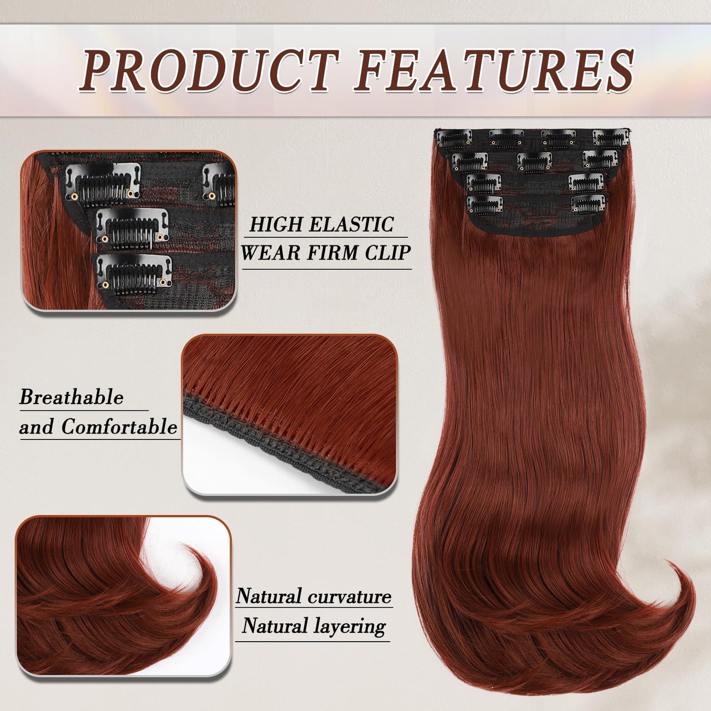 FREEMEIGE Copper Red Hair Extensions Clip in Hair Extensions for Women Straight Layered Hair Extensions Synthetic Clip in Extensions Long Wavy Extension Daily Use 20 Inch