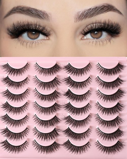FARRED Cat Eye Lashes Short Natural Eyelashes Fluffy Wispy Lashes 14 Pairs False Lash Wispy Volume Fake Eyelash Faux Mink Strip Lashes Pack for Daily Makeup (F13 | 7-14 mm)