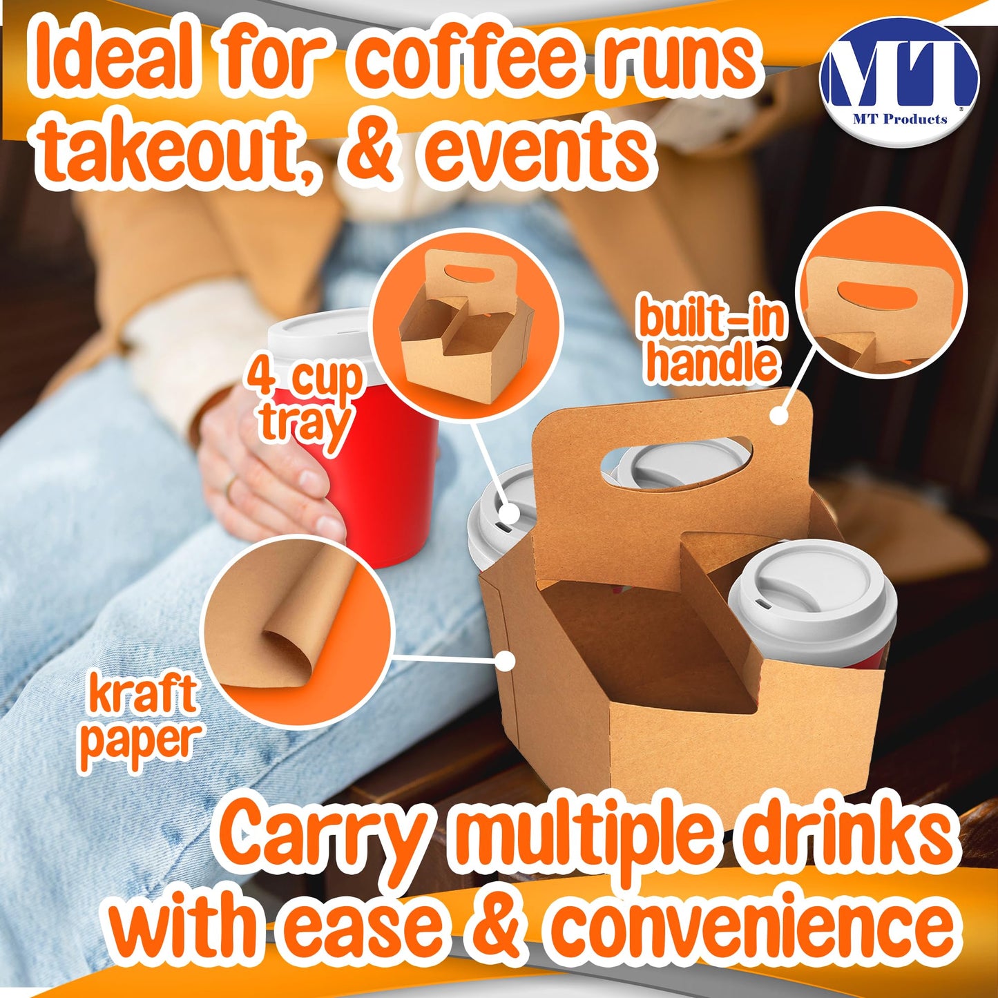 MT Products Kraft 4 Cups Drink Carrier 6.5" x 6.5" x 9" - Disposable Drink Holder (Pack of 30) - Made in the USA