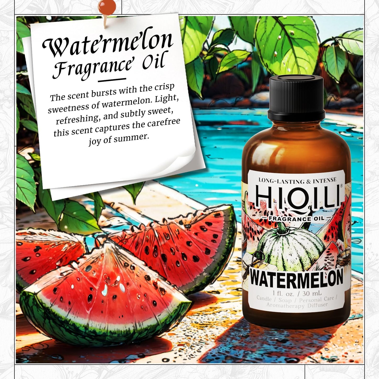 HIQILI Watermelon Fragrance Oil for Candle & Soap Making, DIY Fruity Perfume, Bath Bombs, Long-Lasting Diffuser Oil, Skin Care - 1 Fl Oz