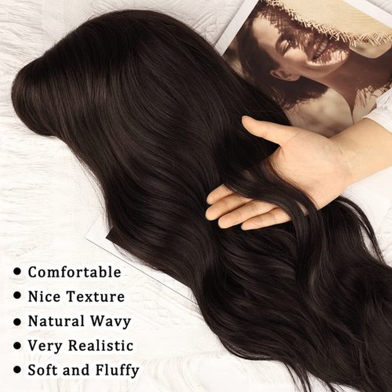 NAYOO Brown Wigs with Bangs for Women Long Curly Wavy Hair Wigs Heat Resistant Synthetic Fiber Wigs for Daily Party Use 26 Inches (Dark Brown)