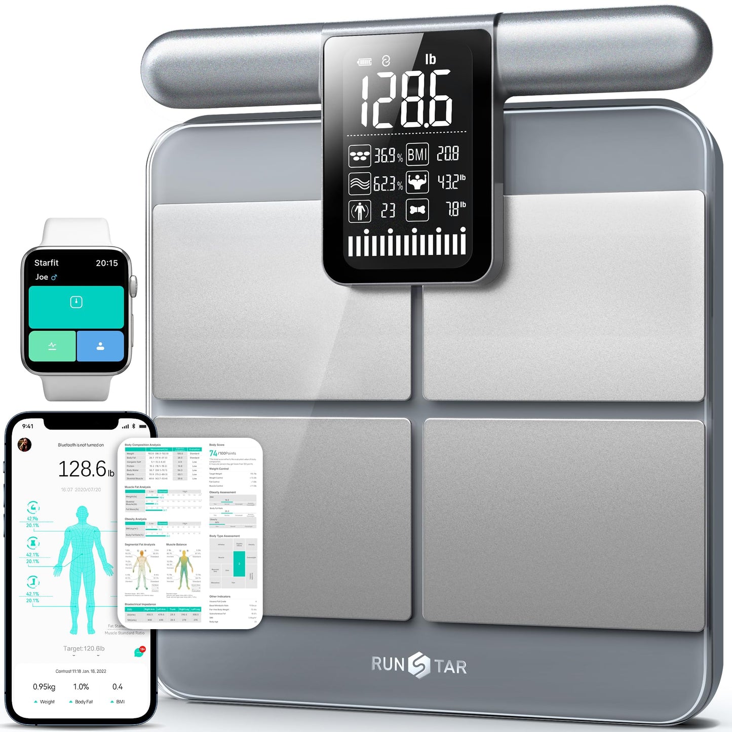 RunStar 8-Electrode Scale for Body Weight, Accurate Body Composition Scale with BMI Body Fat Muscle Mass 50+ Metrics, Rechargeable Body Analyzer with Large Screen Handle, 400lb, Silver