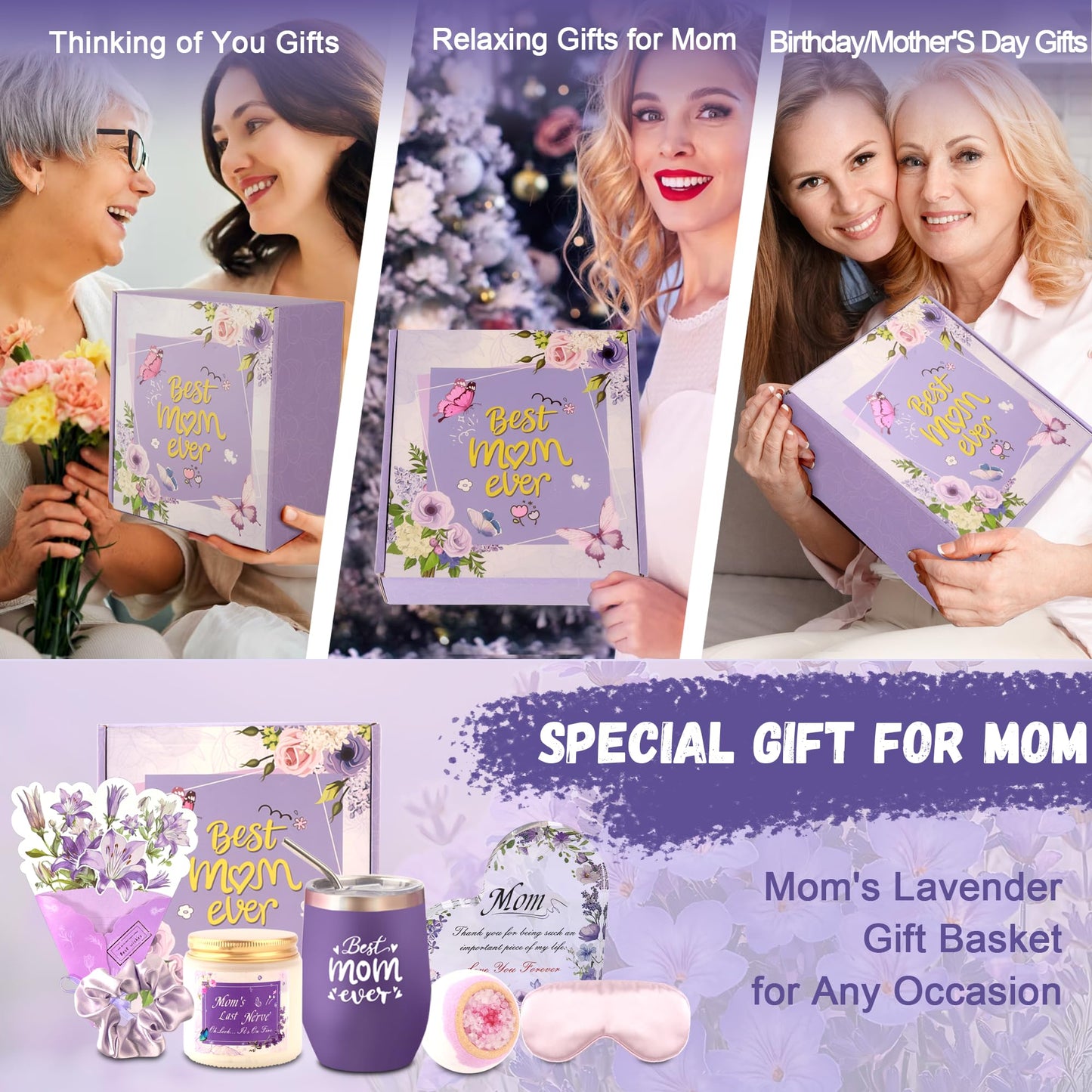 Neekiko Gifts for Mom, 9PCS Unique Mom Birthday Gifts, Purple Lavender Relaxing Gift Basket Set with 12oz Wine Glass, Mothers Day Gifts from Daughter Son