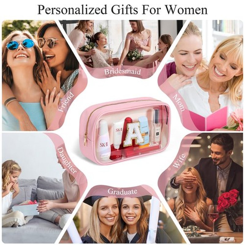 YOOLIFE Initial Clear Makeup Bag Make Up Bag Travel Toiletry Bag Preppy Cosmetic Bags Organizer Travel Essentials Pink Gifts for Women Teen Girlfriend Teacher Mom Brithday Gifts Clear Toiletry Bag A