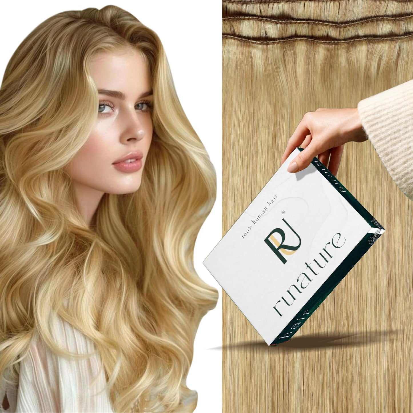 RUNATURE Blonde Weft Hair Extensions Human Hair Straight Remy Hair Weft Extensions Golden Blonde with Platinum Blonde Double Weft Sew in Human Hair Extensions Thick Full Ends 12 Inch 70g