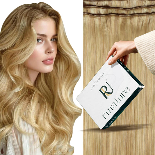 RUNATURE Blonde Weft Hair Extensions Human Hair Straight Remy Hair Weft Extensions Golden Blonde with Platinum Blonde Double Weft Sew in Human Hair Extensions Thick Full Ends 12 Inch 70g