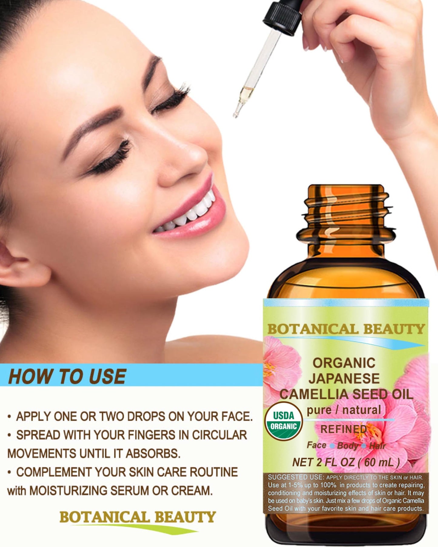 Botanical Beauty Japanese ORGANIC CAMELLIA Seed Oil. 100% Pure Natural Undiluted Refined Cold Pressed Carrier Oil to revitalize and rejuvenate the hair, skin and nails. 0.5 Fl. oz 15 ml