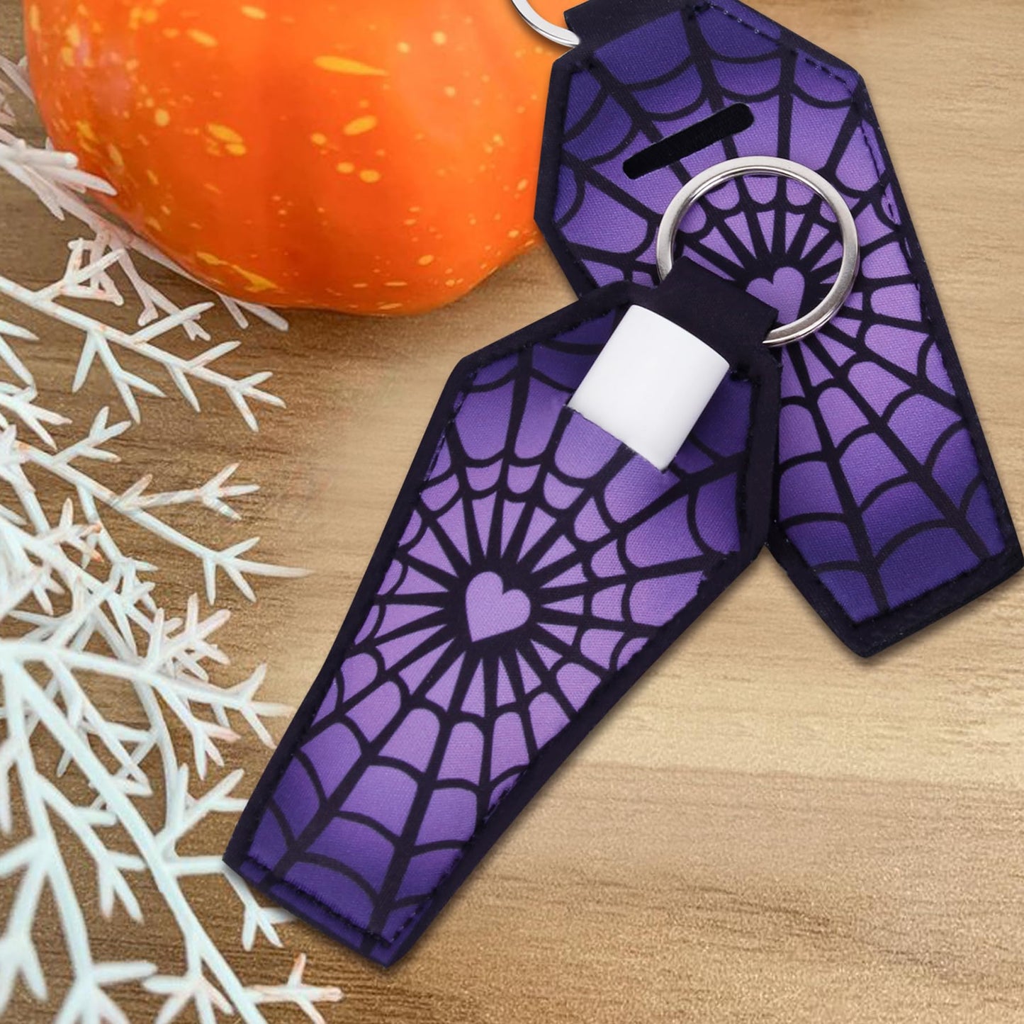 KARAQY 3 Pcs Halloween Lipstick Holder Keychain, Goth Skull Coffin Chapstick Lip Balm Neoprene Gloss Keyring