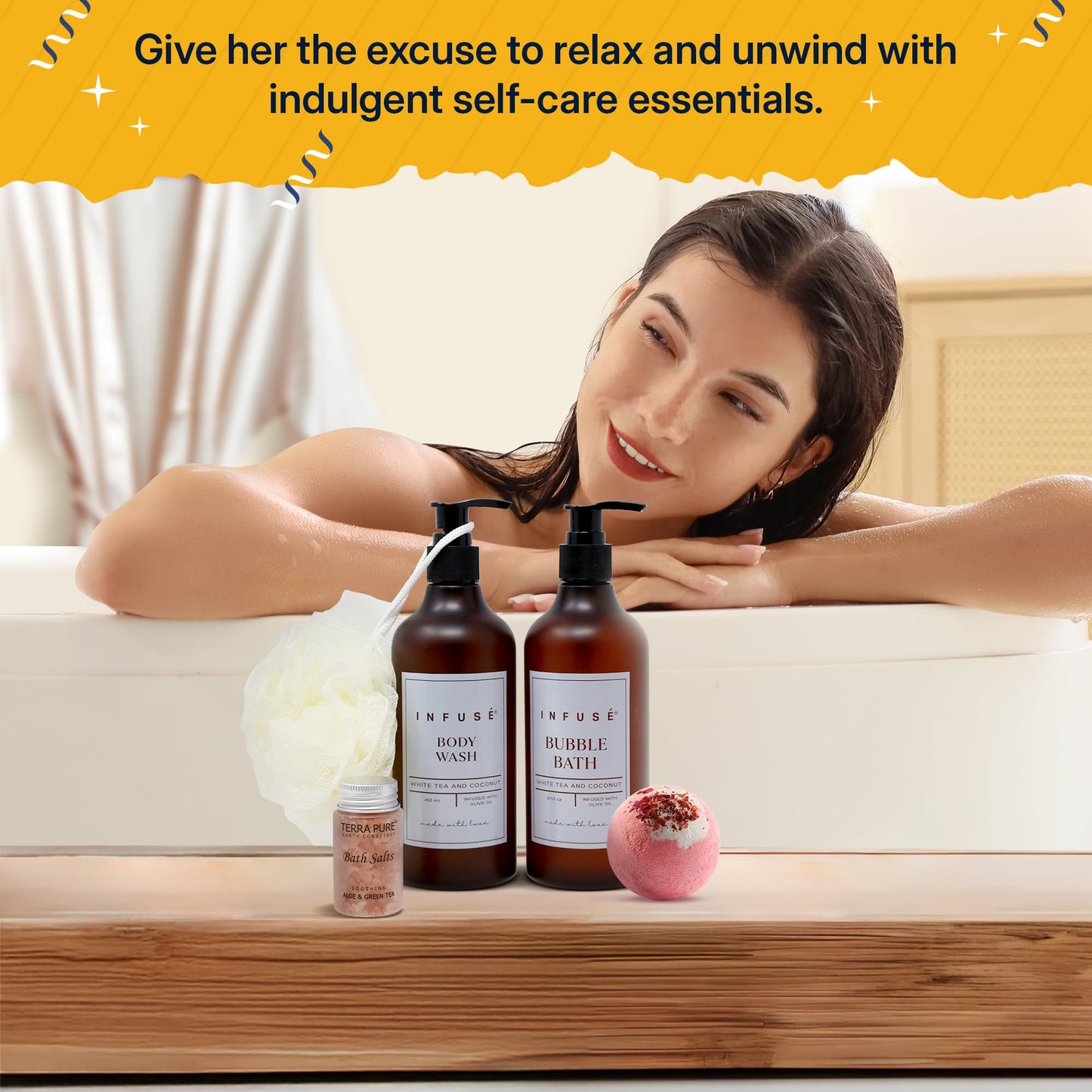 INFUSÉ 17-Piece Spa Gift Box for Women | Mother’s Day & Graduation Gift | Eye Mask, Candle, Robe, Loofa, Bath Bombs, Face Masks, Bubble Bath, Lotion, Body Wash, Bath Salt, Shampoo, Conditioner & Socks