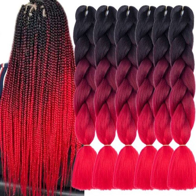 TENGSHUO FLY Black to Wine Red to Red Braiding Hair 6 Packs Synthetic Braid Hair Extensions Ombre Braiding Hair 24 Inch or Box Braids Twist Crochet Braids(24"6Pack,Black to Wine Red to Red)
