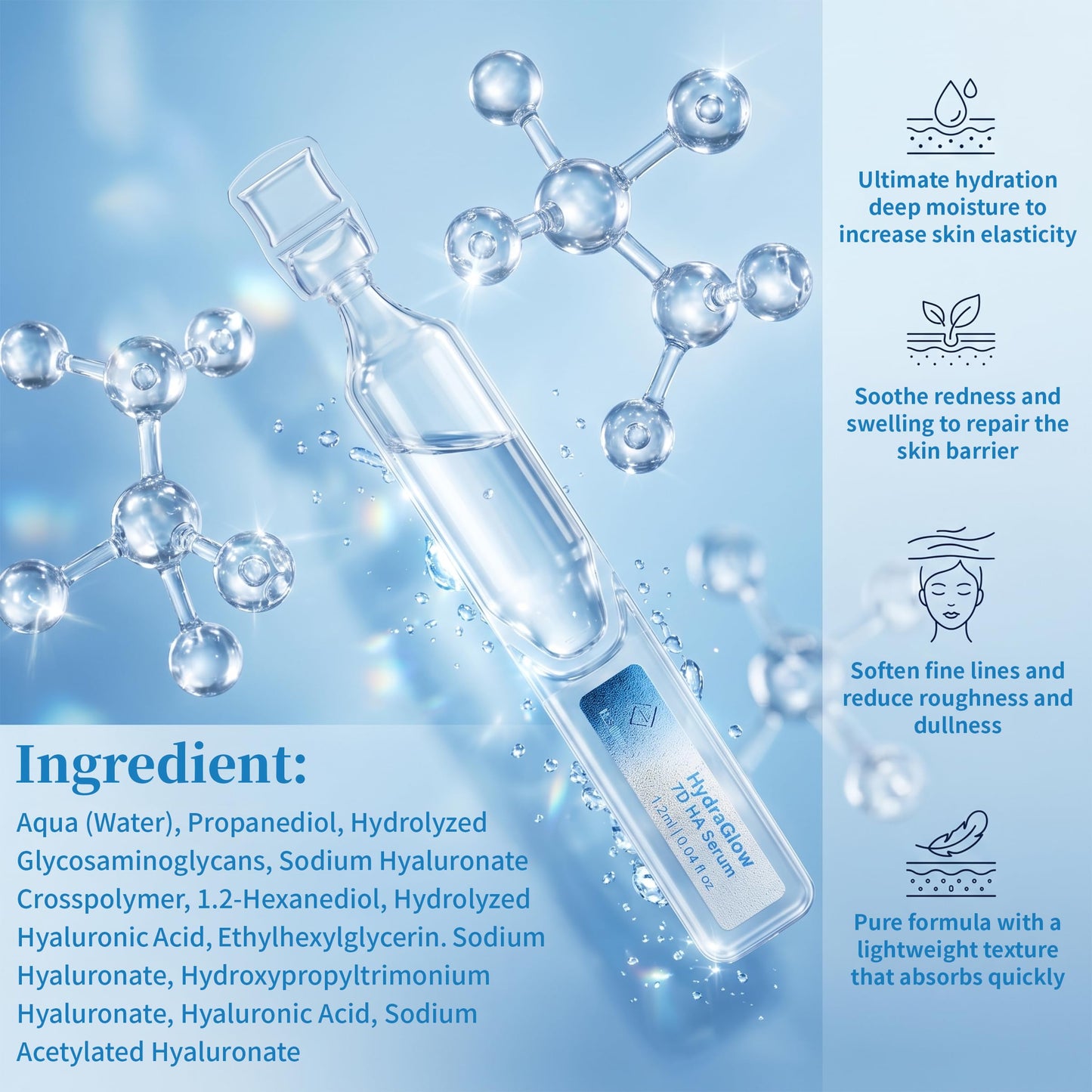 3% Hyaluronic Acid Serum for Face with 7D Multi-Layer Hydration, Ultra Hydrating Face Serum Anti-Aging Facial Moisturizer for Dry & Sensitive Skin Pre-Makeup Skincare Single-Use Vials 1.2ml x 30pcs