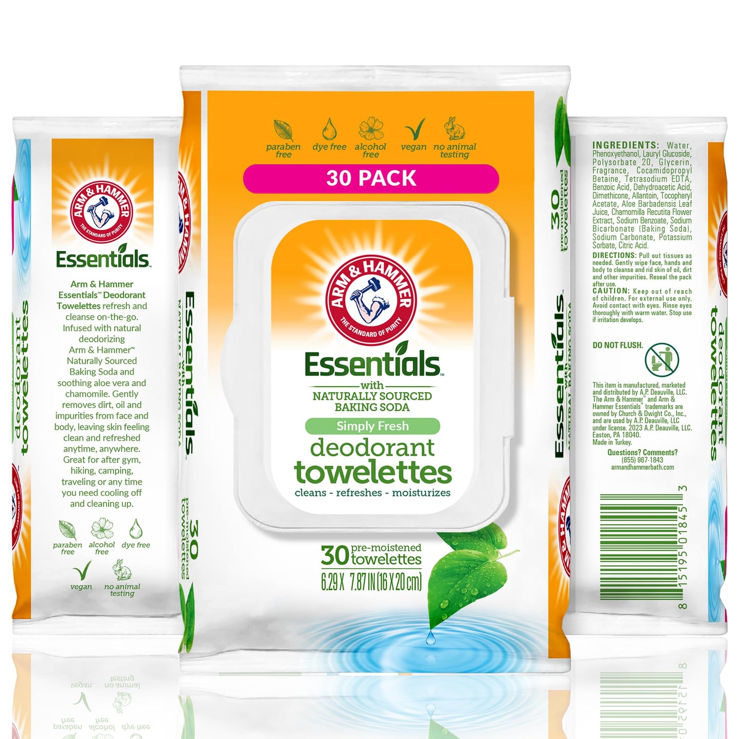 Arm and Hammer Face and Body Wipes for Adults - Deodorant Towelettes 30 Sheets for Women - Shower Wipes for Traveling, Camping, Gym, and Bathing - Alcohol-Free Face Sheets (Simply Fresh)