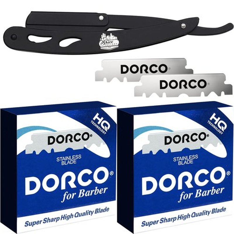 The Shave Factory Straight Edge Razor Kit (Black / 200 Dorco Single Edge Razor Blades Blue)