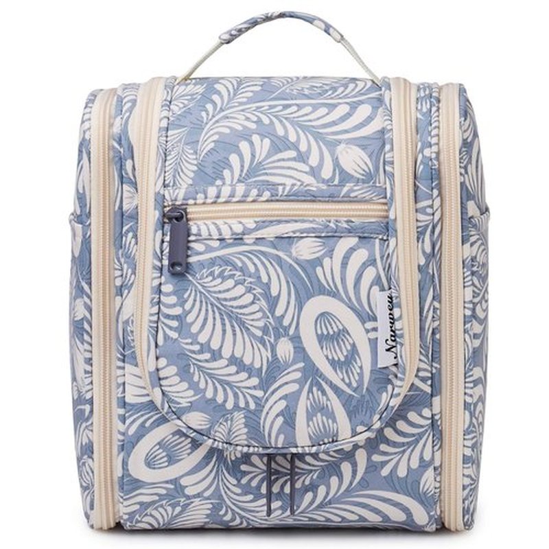 Narwey Small Hanging Toiletry Bag Women Travel Makeup Bag Organizer Toiletries Bag for Travel Size Essentials Accessories Cosmetics (Medium, Blue Leaf)