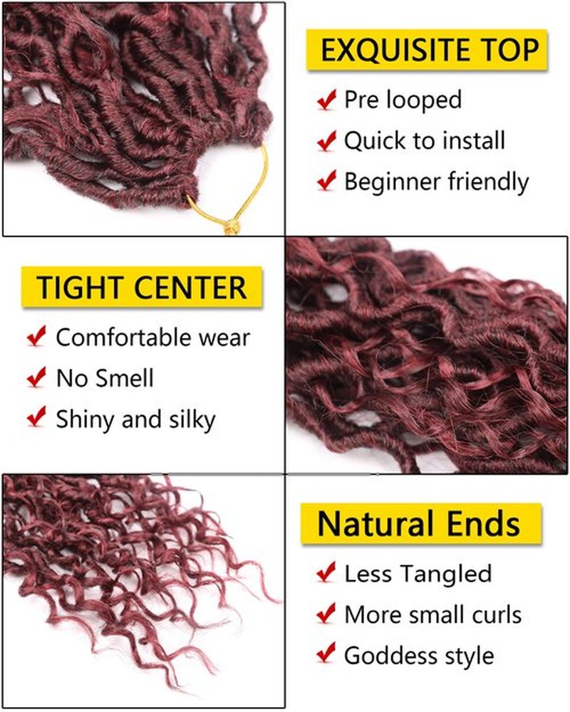 14 Inch Bugrundy Crochet Hair Goddess Locs 7 Packs Bohemian Locs Crochet Hair with Curly Ends Pre Looped Soft Faux Locs Crochet Hair for Black Women River Locs Crohet Braids(14 Inch,99J)