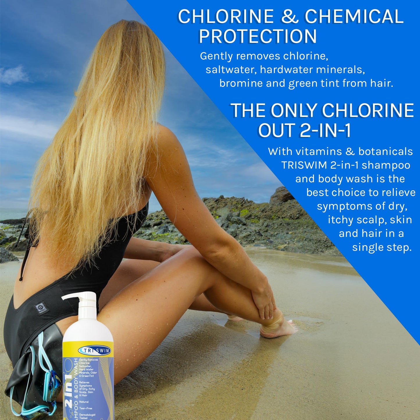 TRISWIM 2-in-1 Chlorine-Out Shampoo & Body Wash 32oz | Chlorine Removal Shampoo and Body Wash for Swimmers | Removes Chlorine, Saltwater, Hard Water, Copper & Green Tint | Tear-Free, Vegan, No Paraben