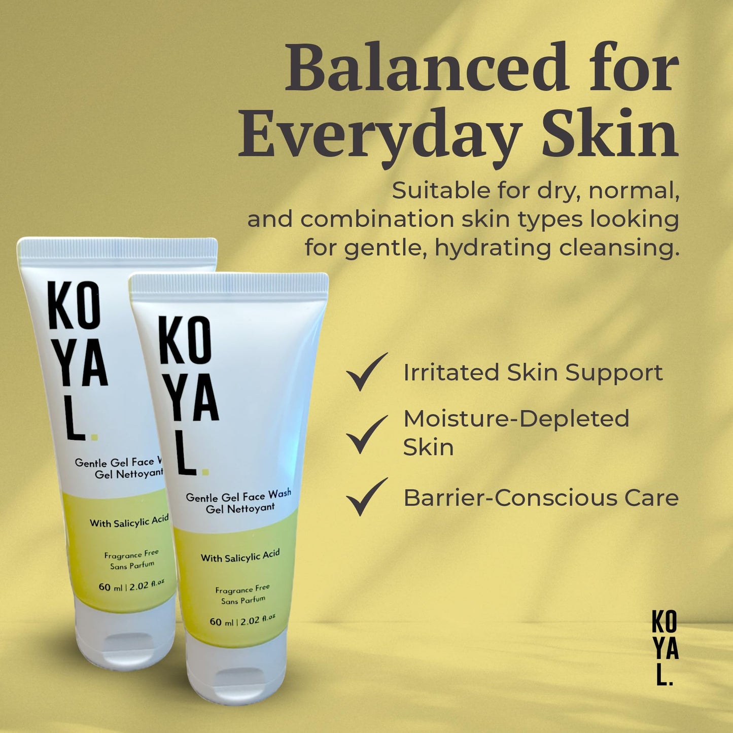Koyal Beauty Gentle Gel Face Wash for Sensitive Skin - Hydrating Cleanser with Panthenol & Glycerin - Fragrance Free, Vegan, Sulfate Free - Face Wash for Dry Skin