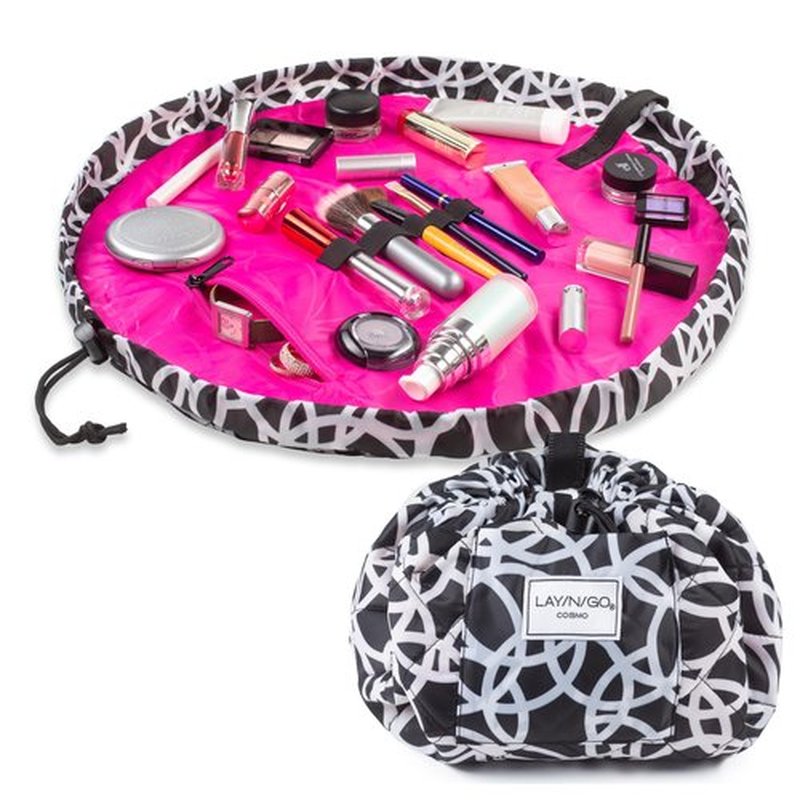 Lay-n-Go Cosmo Drawstring Cosmetic & Makeup Bag Organizer - Portable Drawstring Makeup Bag w/Zipper Pocket, Makeup Loops & More - Durable, Machine Washable Makeup Bag for Travel (20”, Black/White)