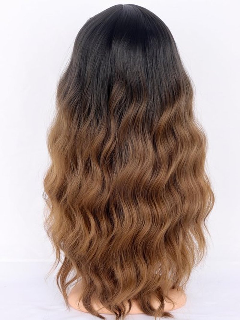 SYMEIW Ombre Brown Wavy Wigs with Bangs for Women Medium Long Brown Synthetic Wigs Natural Wavy Black To Brown Wigs Heat Resistant for Daily Party Use
