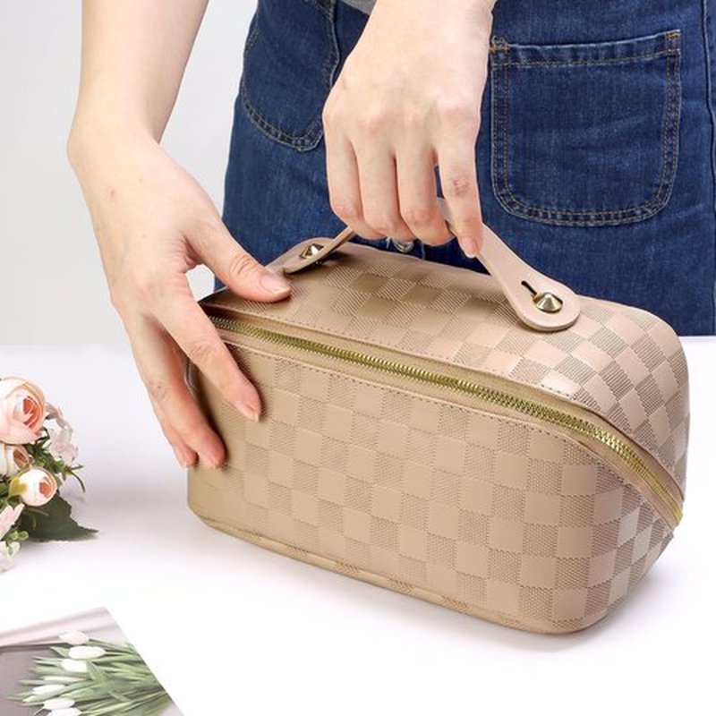 ALEXTINA Large Capacity Travel Cosmetic Bag - Portable Makeup Bags for Women Waterproof PU Leather Checkered Makeup Organizer Bag with Dividers and Handle,Toiletry Bag for Cosmetics, Khaki