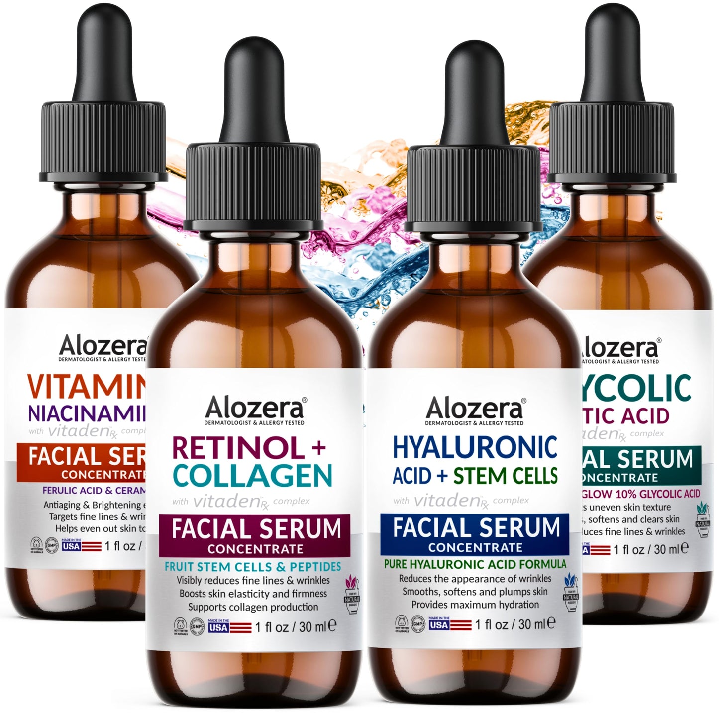 Alozera Face Serum Set of 4 with Retinol, Collagen, Vitamin C, Niacinamide, Hyaluronic Acid & Glycolic Acid, Exfoliating, Hydrating, Brightening, Anti-Aging Skincare, Serum Gift Pack of 4