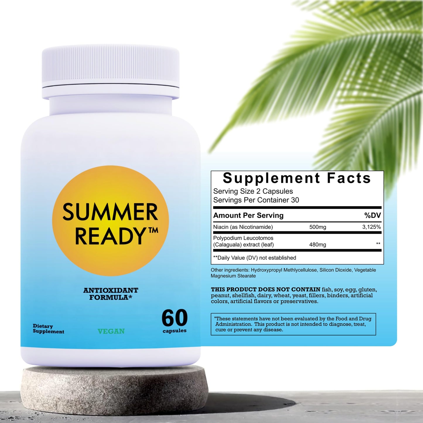 Summer Ready Skin Care Supplement Capsules - Nicotinamide/Niacinamide/Niacin 500mg (Vitamin B3) and Polypodium Leucotomos (Fern Extract) 480mg, Antioxidant Rich Formula