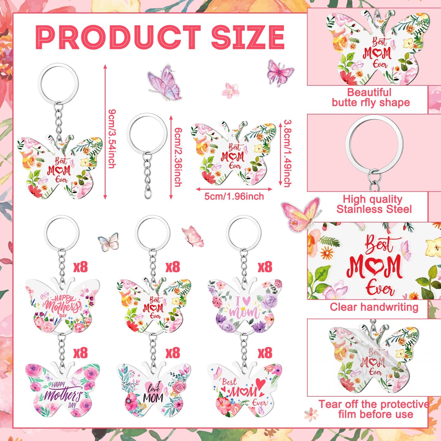 Kigeli 48 Pcs Mom Appreciation Gifts Keychain Bulk Floral Best Mom Ever Keychain from Daughter Son for Mother Birthday Christmas (Butterfly)