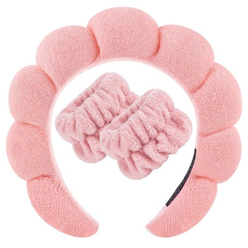 Zkptops Spa Headband for Washing Face Wristband Set Sponge Makeup Skincare Terry Cloth Bubble Soft Get Ready Hairband for Women Girl Puffy Padded Headwear Non Slip Thick Hair Accessory(Orange Pink-2)