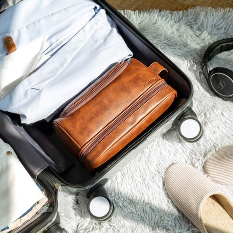 Elviros Toiletry Bag, Mens Leather Travel Organizer Kit with hanging hook, Large Water-resistant Toiletries Bathroom Shaving Bags for Women (Large, Dark Brown)