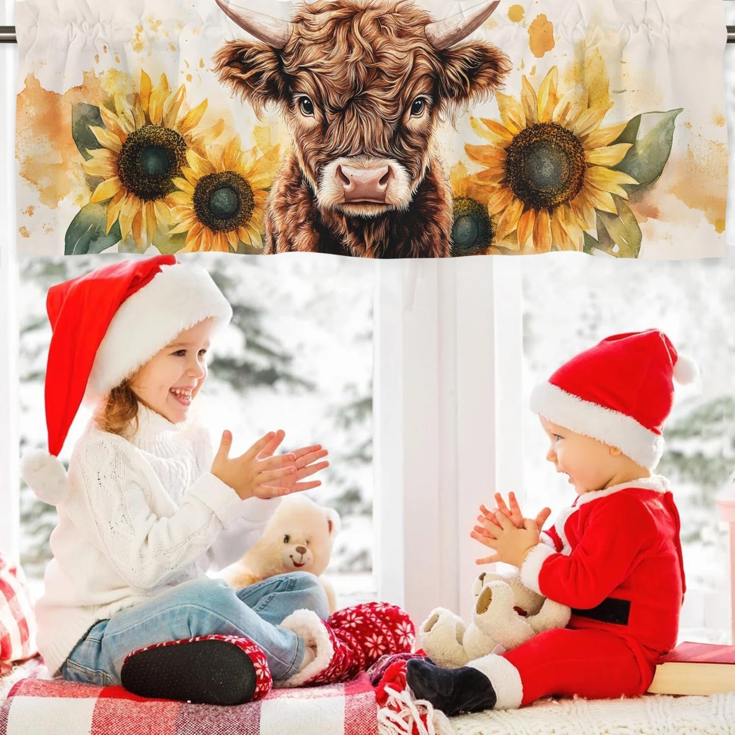 Pynnlts Watercolor Cow Sunflowers Curtains Highland Cow Window Valances Highland Yak Yellow Sunflower Kitchen Valances Farm Animal Rod Pocket Window Treatments for Living Room Bedroom 54x18 in 1 Pack