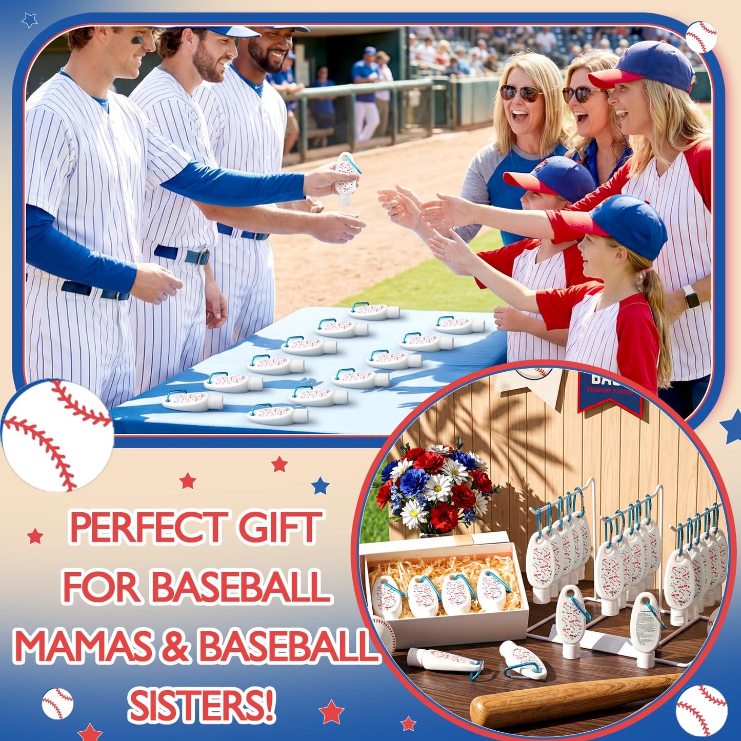 Leelosp 24 Pcs baseball Team Gift Bulk Mini Sunscreen Travel Size 1oz Sport Party Favor Sunscreen Keychain with Clip Spf 30 Fragrance Free Broad Spectrum baseball Accessories for Girl