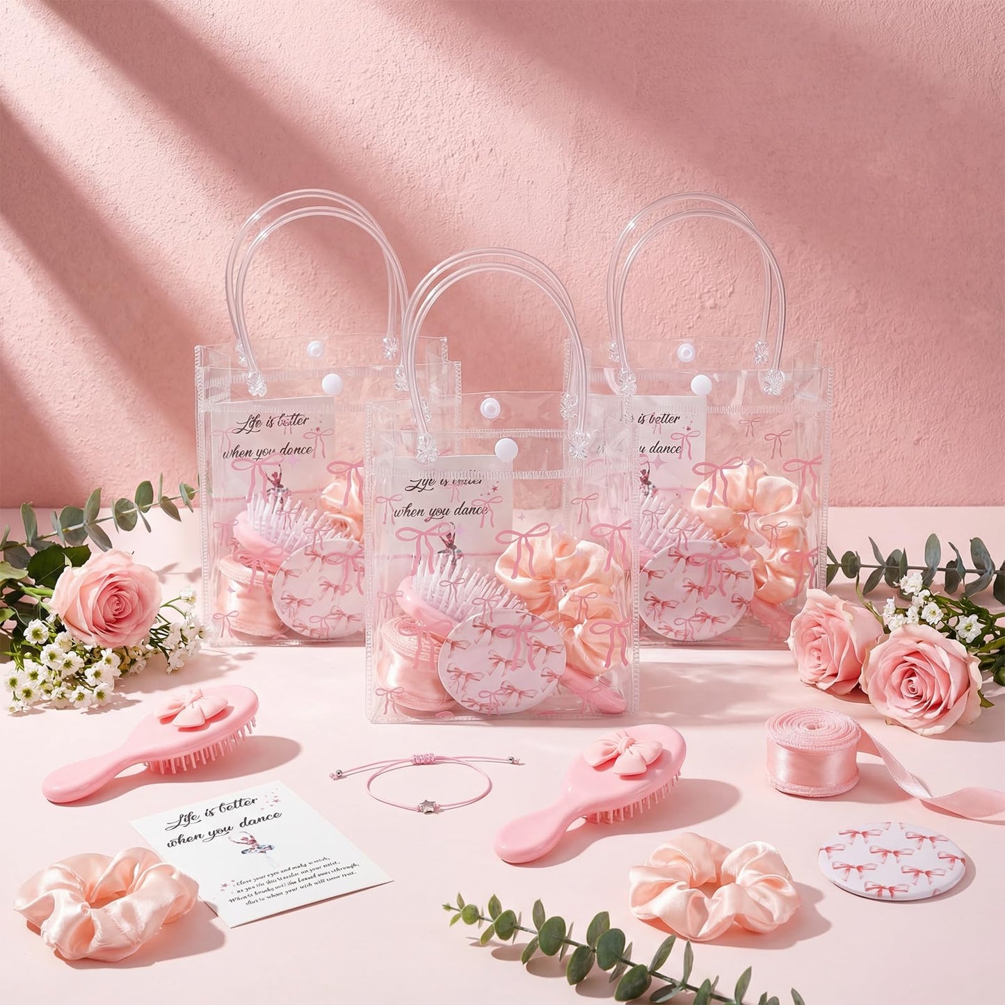 Ferrochef 12 Sets Pink Ballerina Party Favors Dance Back to School Gifts Bulk Dance Birthday Party Supplies with Scrunchies Hair Brush Card Compact Mirror Bracelet Bags Ballerina Team Gifts for Women