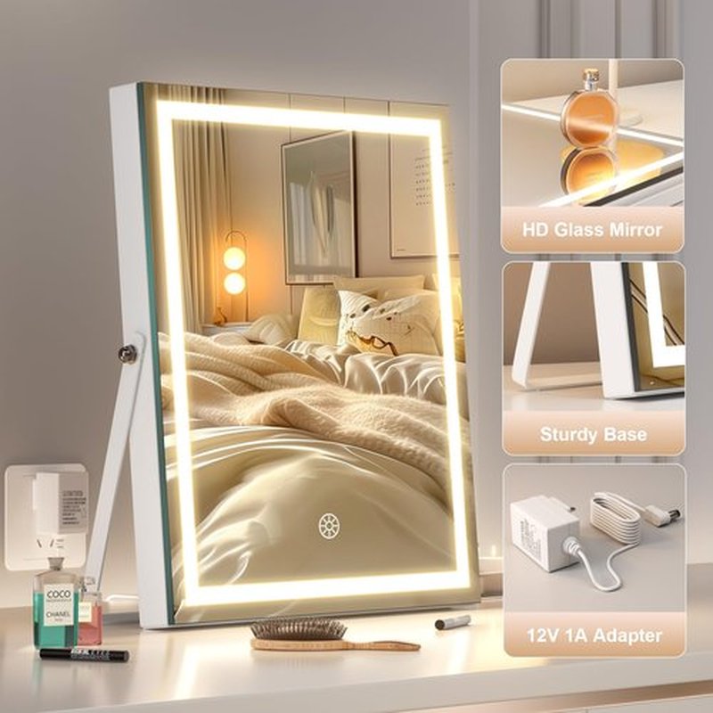 Hasipu Vanity Mirror with Lights and Bluetooth Speaker, 9.8" x 11.8" LED Makeup Mirror with Smart Touch 3 Colors Dimmable, Brightness Adjustment, 360° Rotation, White