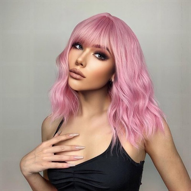 MAGQOO Pink Wig for Women Pink Bob Wig Pastel Short Curly Wavy Wig with Bangs Synthetic Heat Resistant (Pink)