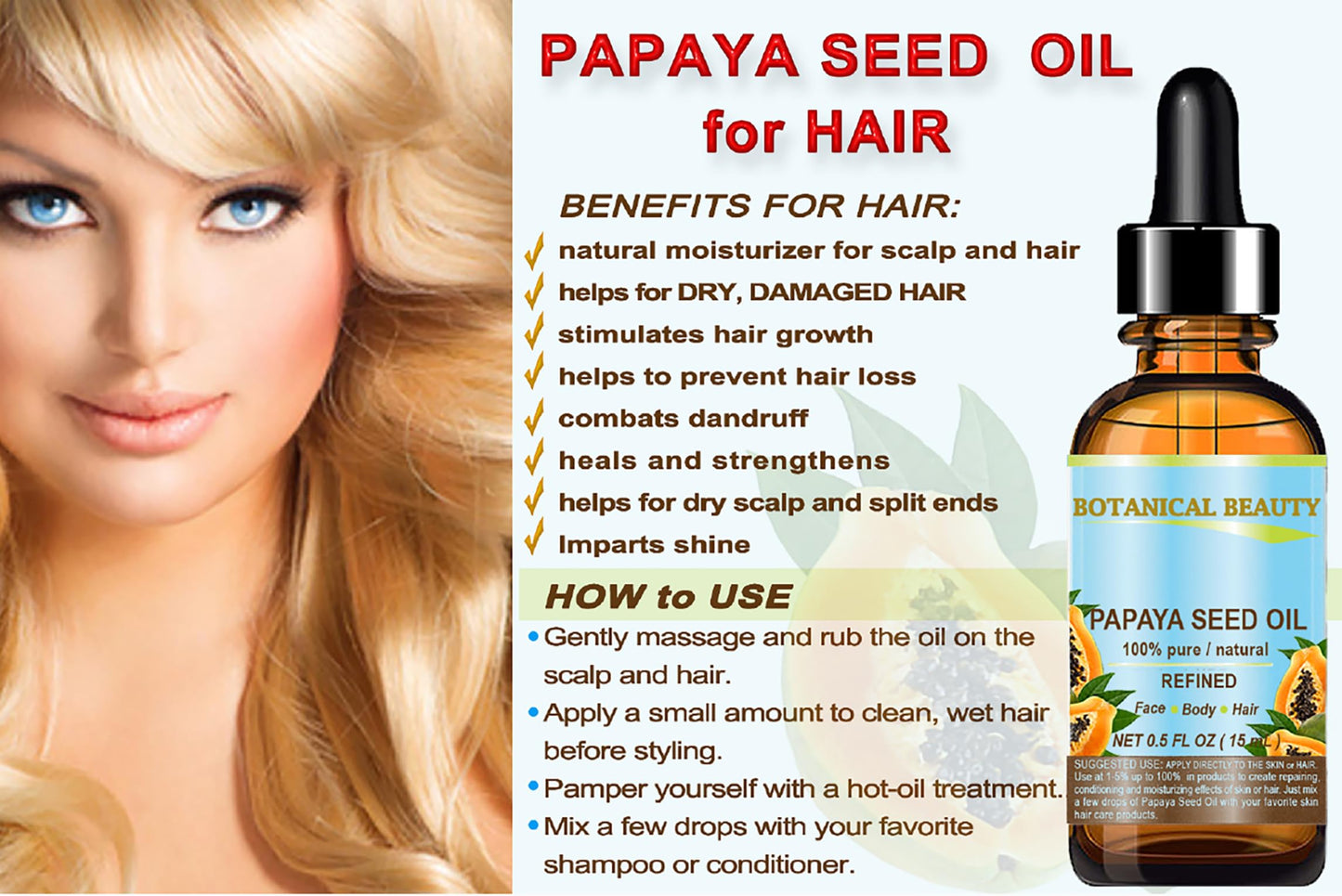 Botanical Beauty PAPAYA SEED OIL 100% Pure Natural Undiluted Refined Cold Pressed Carrier Oil. 2 Fl.oz.- 60 ml. for Face, Skin, Hair Lip Care, Nails. Rich in Vitamin C