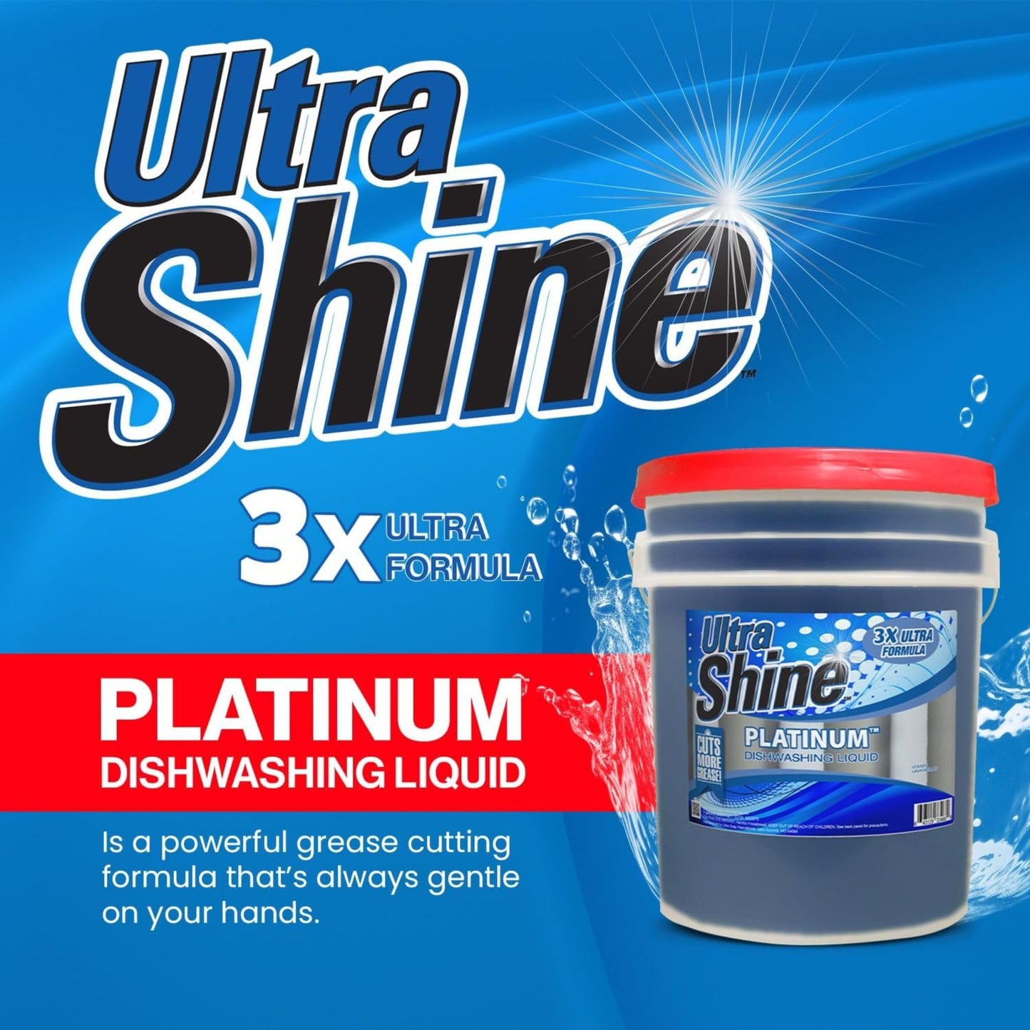 Ultra Shine 3X Platinum Concentrated Dishwashing Liquid Dish Soap, 5 Gallon Bucket - Bulk Refill Commercial Kitchen Degreaser with Grease Cleaning Power, Gentle on Hands and Skin