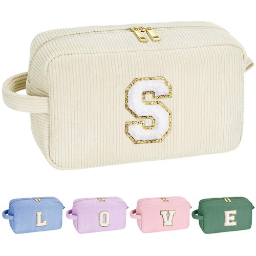YOOLIFE Personalized Monogram Makeup Bag - Teen Girls Make Up Bag Makeup Bag Pouch Year Old Girl Birthday Gift Cute Gifts Wife Sister Gifts for Women Teen Girls White Makeup Bag Skincare Bag Letter S