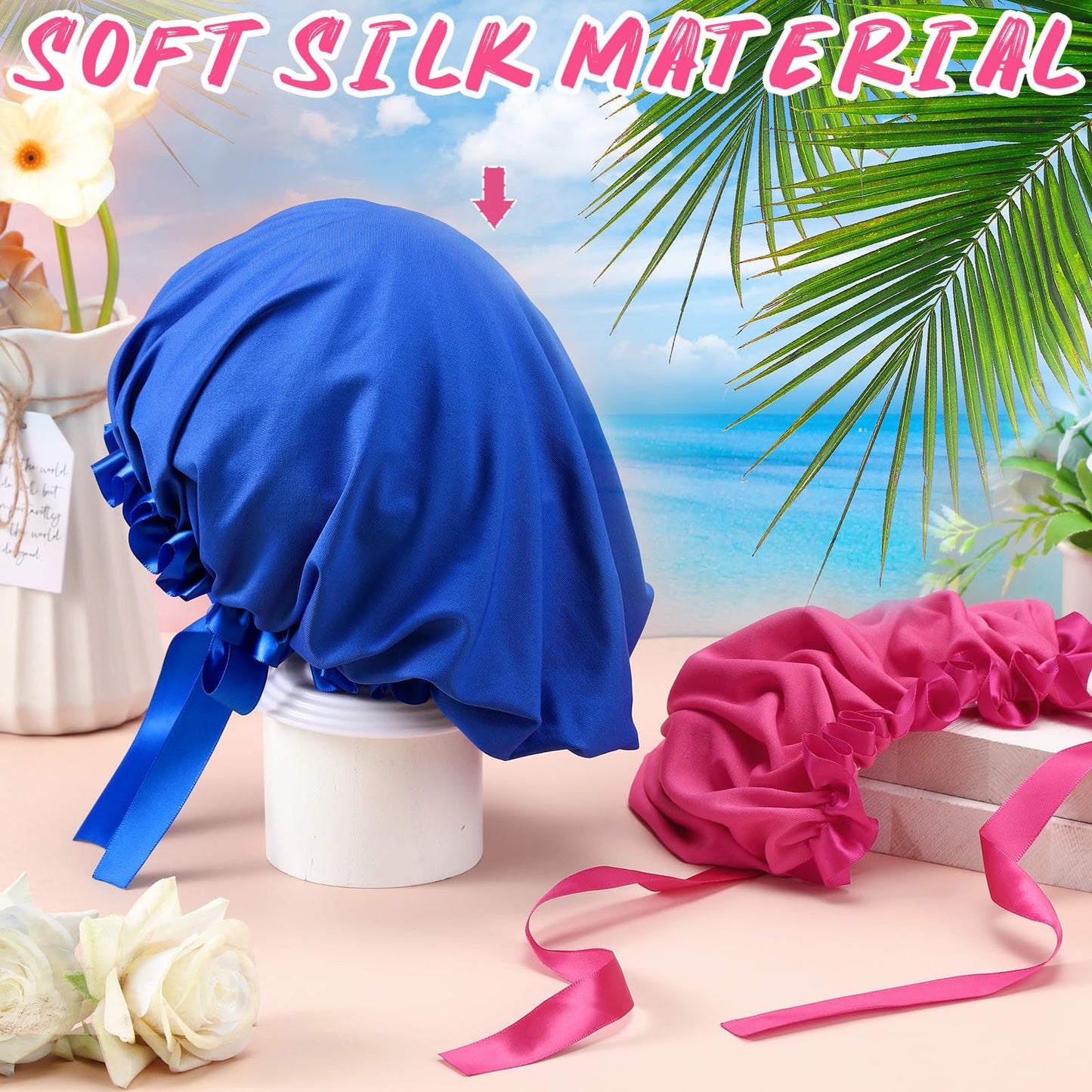 Vinsatin 4 Pcs UV Protection Tanning Face Cover Bonnet Cap Set Tanning Mask and Hair Cap Protective Bonnet for Women(Silk of Ice Fabric,Pink, Blue)
