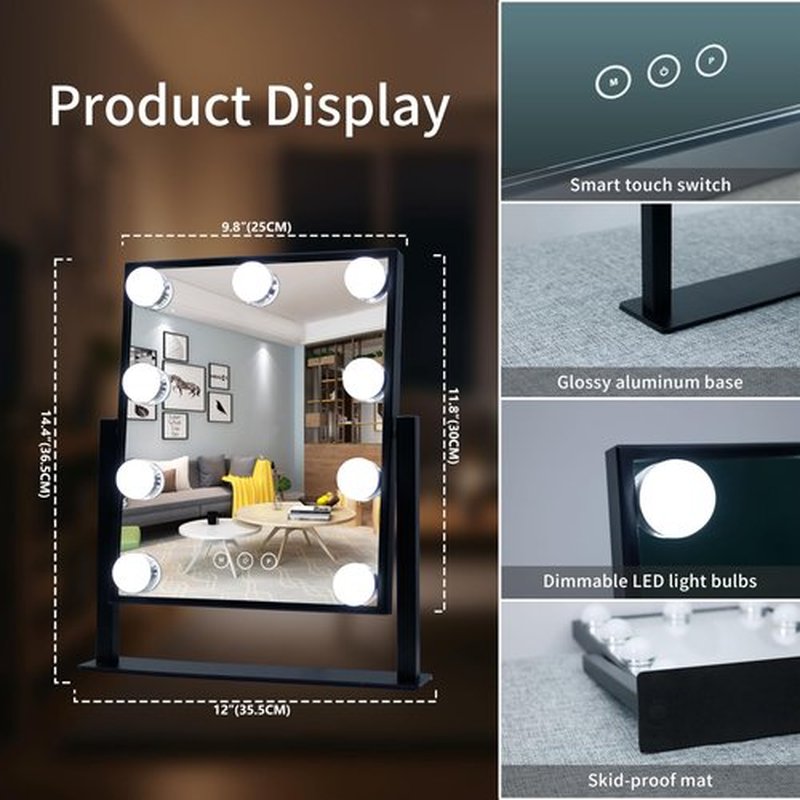 Vanity Mirror with Lights,Lighted Vanity Mirror with 9 Dimmable Bulbs for Dressing Room & Bedroom 3 Color Lighting Modes Detachable 10x Magnification 360°Ratation