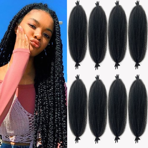 Marley Hair 24 Inch Springy Afro Twist Hair 8 Packs Afro Kinky Braiding Hair, Wrapping Hair for Soft Locs Synthetic Crochet Braids Hair Extension Natural Black for Black Women(24Inch,1B)