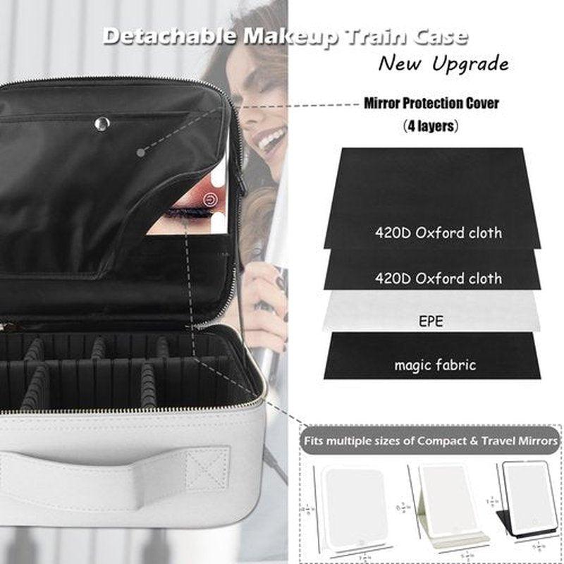 MOMIRA Travel Makeup Bag Cosmetic Bag Makeup Organizer Bag with Lighted Mirror, Adjustable Brightness in 3 Color Scenarios, Waterproof Makeup Train Case, Gift for Women - Silver