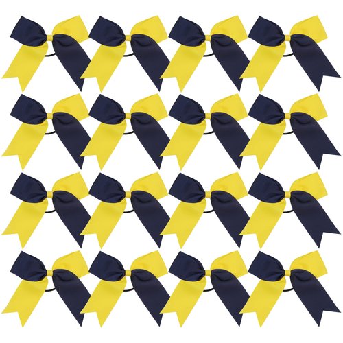 Cheer Bows 6 Inch 2 Color Ponytail Holder Hair Tie 16 Pcs Hair Bow Cheerleader Bows Hair Tie (Navy Blue/Yellow)