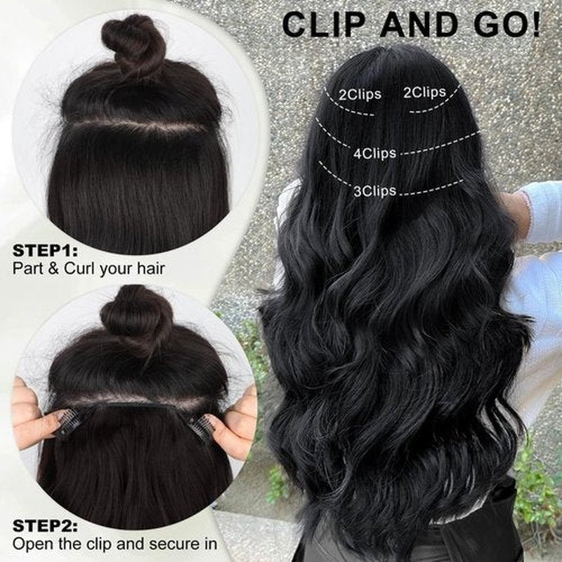 ALXNAN 4PCS Hair Extensions,Clip in Black Hair Extensions,Long Wavy Natural Soft Synthetic Hairpieces for Women